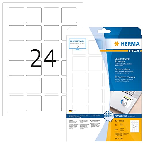 HERMA 10108 Universal Etiketten ablösbar, 25 Blatt, 40 x 40 mm, 24 pro A4 Bogen, 600 Stück, selbstklebend, bedruckbar, matt, quadratisch, blanko Papier Klebeetiketten Aufkleber, weiß von HERMA