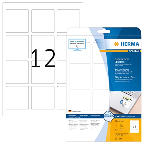 HERMA 10109 Universal Etiketten ablösbar, 25 Blatt, 60 x 60 mm, 12 pro A4 Bogen, 300 Stück, selbstklebend, bedruckbar, matt, quadratisch, blanko Papier Klebeetiketten Aufkleber, weiß von HERMA