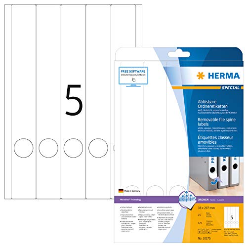 HERMA 10175 Ordnerrücken Etiketten ablösbar lang schmal, 25 Blatt, 38 x 297 mm, 5 pro A4 Bogen, 125 Stück, selbstklebend, bedruckbar, blickdicht, Papier Ordneretiketten Rückenschilder Aufkleber, weiß von HERMA