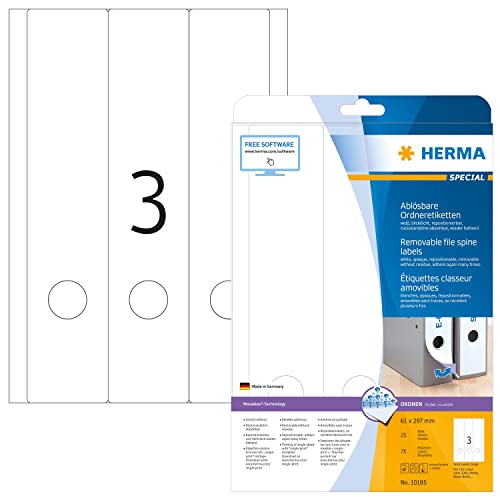 HERMA 10185 Ordnerrücken Etiketten ablösbar lang breit, 25 Blatt, 61 x 297 mm, 3 pro A4 Bogen, 75 Stück, selbstklebend, bedruckbar, blickdicht, Papier Ordneretiketten Rückenschilder Aufkleber, weiß von HERMA