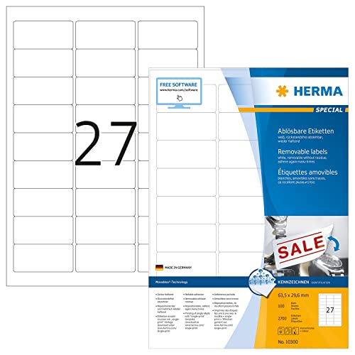 HERMA 10300 Universal Etiketten ablösbar, 1400 Blatt, 63,5 x 29,6 mm, 27 pro A4 Bogen, 37800 Stück, selbstklebend, bedruckbar, matt, blanko Papier Klebeetiketten Aufkleber, weiß von HERMA