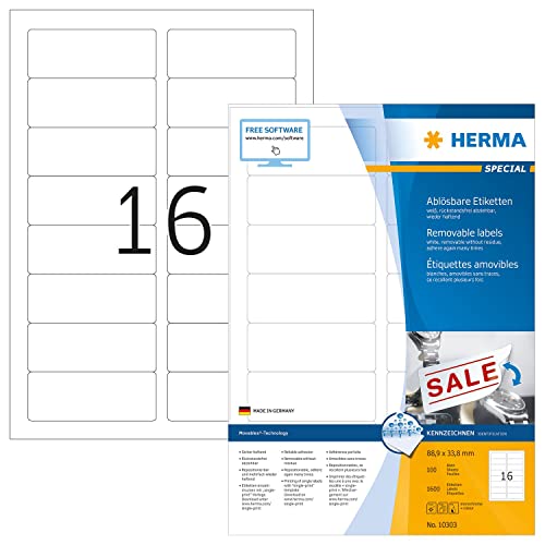 HERMA 10303 Universal Etiketten ablösbar, 1400 Blatt, 88,9 x 33,8 mm, 16 pro A4 Bogen, 22400 Stück, selbstklebend, bedruckbar, matt, blanko Papier Klebeetiketten Aufkleber, weiß von HERMA