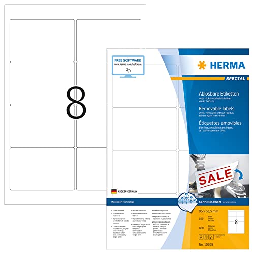 HERMA 10308 Universal Etiketten ablösbar, 1400 Blatt, 96 x 63,5 mm, 8 pro A4 Bogen, 11200 Stück, selbstklebend, bedruckbar, matt, blanko Papier Klebeetiketten Aufkleber, weiß von HERMA