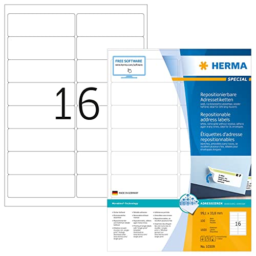 HERMA 10309 Universal Etiketten ablösbar, 100 Blatt, 99,1 x 33,8 mm, 16 pro A4 Bogen, 1600 Stück, selbstklebend, bedruckbar, matt, blanko Papier Klebeetiketten Aufkleber, weiß von HERMA