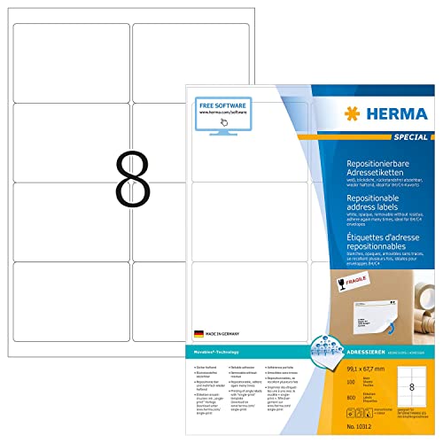 HERMA 10312 Universal Etiketten blickdicht ablösbar, 1400 Blatt, 99,1 x 67,7 mm, 8 pro A4 Bogen, 11200 Stück, selbstklebend, bedruckbar, matt, blanko Papier Klebeetiketten Aufkleber, weiß von HERMA