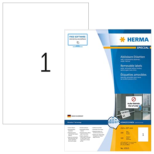 HERMA 10315 Universal Etiketten ablösbar, 1400 Blatt, 210 x 297 mm, 1 pro A4 Bogen, 1400 Stück, selbstklebend, bedruckbar, matt, blanko Papier Klebeetiketten Aufkleber, weiß von HERMA