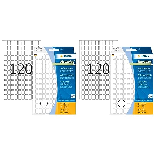 HERMA 10600 Etiketten ablösbar, 32 Blatt, 8 x 12 mm, 120 pro Bogen, 3840 Aufkleber, selbstklebend, Vielzweck Klebeetiketten zum Beschriften, Universal Haftetiketten aus Papier, blanko (Packung mit 2) von HERMA