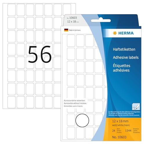 HERMA 10603 Vielzweck-Etiketten ablösbar, 1344 Stück, 12 x 18 mm, 56 pro Bogen, selbstklebend, Haushaltsetiketten zum Beschriften, matt, blanko Papier Klebeetiketten Aufkleber, weiß von HERMA