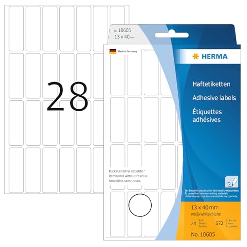 HERMA 10605 Vielzweck-Etiketten ablösbar, 672 Stück, 13 x 40 mm, 28 pro Bogen, selbstklebend, Haushaltsetiketten zum Beschriften, matt, blanko Papier Klebeetiketten Aufkleber, weiß von HERMA