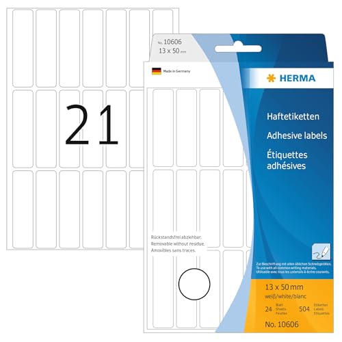 HERMA 10606 Vielzweck-Etiketten ablösbar, 504 Stück, 13 x 50 mm, 21 pro Bogen, selbstklebend, Haushaltsetiketten zum Beschriften, matt, blanko Papier Klebeetiketten Aufkleber, weiß von HERMA