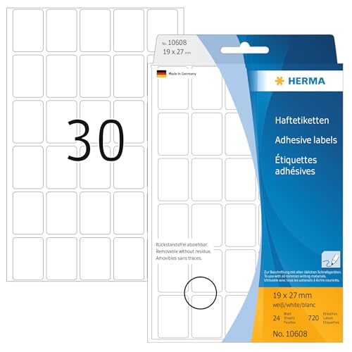 HERMA 10608 Vielzweck-Etiketten ablösbar, 720 Stück, 19 x 27 mm, 30 pro Bogen, selbstklebend, Haushaltsetiketten zum Beschriften, matt, blanko Papier Klebeetiketten Aufkleber, weiß von HERMA