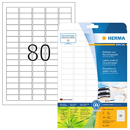 HERMA 10701 Recycling Etiketten, 20 Blatt, 35,6 x 16,9 mm, 80 pro A4 Bogen, 1600 Stück, selbstklebend, bedruckbar, matt, blanko Recycling-Papier Klebeetiketten Aufkleber, natur-weiß von HERMA