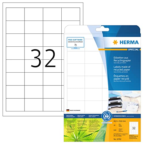 HERMA 10702 Recycling Etiketten, 20 Blatt, 48,3 x 33,8 mm, 32 pro A4 Bogen, 640 Stück, selbstklebend, bedruckbar, matt, blanko Recycling-Papier Klebeetiketten Aufkleber, natur-weiß von HERMA