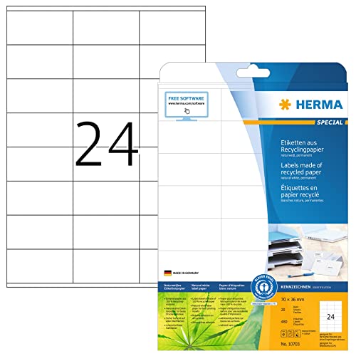 HERMA 10703 Recycling Etiketten, 20 Blatt, 70 x 36 mm, 24 pro A4 Bogen, 480 Stück, selbstklebend, bedruckbar, matt, blanko Recycling-Papier Klebeetiketten Aufkleber, natur-weiß von HERMA