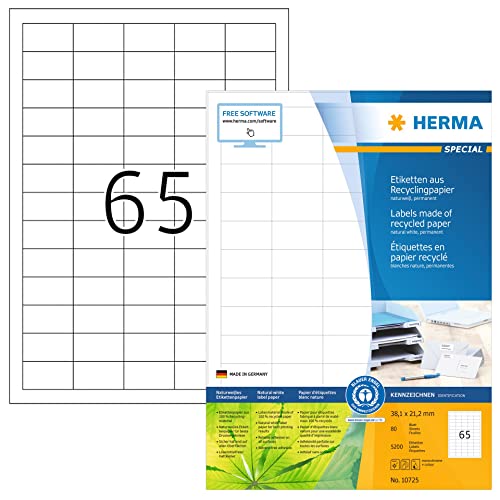 HERMA 10725 Recycling Etiketten, 80 Blatt, 38,1 x 21,2 mm, 65 pro A4 Bogen, 5200 Stück, selbstklebend, bedruckbar, matt, blanko Recycling-Papier Klebeetiketten Aufkleber, natur-weiß von HERMA