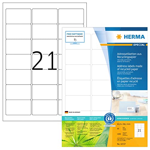 HERMA 10727 Recycling Etiketten, 80 Blatt, 63,5 x 38,1 mm, 21 pro A4 Bogen, 1680 Stück, selbstklebend, bedruckbar, matt, blanko Recycling-Papier Klebeetiketten Aufkleber, natur-weiß von HERMA