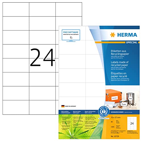 HERMA 10729 Recycling Etiketten, 80 Blatt, 70 x 37 mm, 24 pro A4 Bogen, 1920 Stück, selbstklebend, bedruckbar, matt, blanko Recycling-Papier Klebeetiketten Aufkleber, natur-weiß von HERMA