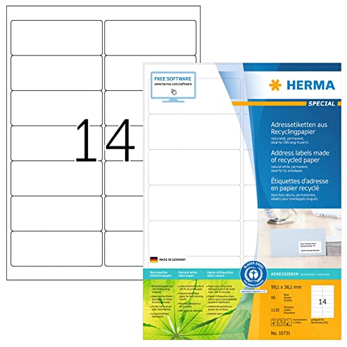 HERMA 10731 Recycling Etiketten, 80 Blatt, 99,1 x 38,1 mm, 14 pro A4 Bogen, 1120 Stück, selbstklebend, bedruckbar, matt, blanko Recycling-Papier Klebeetiketten Aufkleber, natur-weiß von HERMA