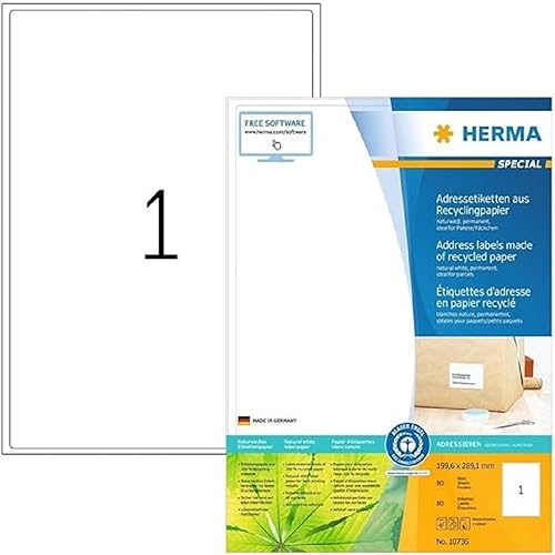 HERMA 10736 Recycling Etiketten, 80 Blatt, 199,6 x 289,1 mm, 1 pro A4 Bogen, 80 Stück, selbstklebend, bedruckbar, matt, blanko Recycling-Papier Klebeetiketten Aufkleber, natur-weiß von HERMA