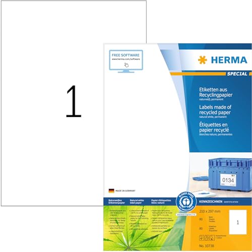 HERMA 10738 Recycling Etiketten, 80 Blatt, 210 x 297 mm, 1 pro A4 Bogen, 80 Stück, selbstklebend, bedruckbar, matt, blanko Recycling-Papier Klebeetiketten Aufkleber, natur-weiß von HERMA