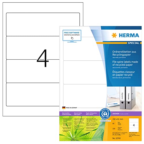 HERMA 10740 Recycling Ordnerrücken Etiketten kurz breit, 80 Blatt, 192 x 61 mm, 4 pro A4 Bogen, 320 Stück, selbstklebend, bedruckbar, blickdicht, Ordneretiketten Rückenschilder Aufkleber, natur-weiß von HERMA