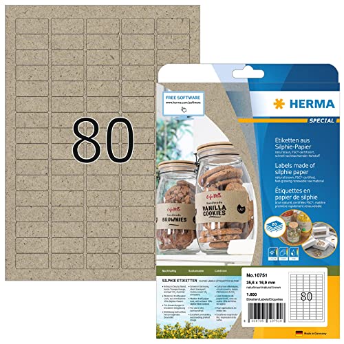 HERMA 10751 Universal Etiketten aus Graspapier, 20 Blatt, 35,6 x 16,9 mm, 80 pro A4 Bogen, 1600 Stück, selbstklebend, bedruckbar, matt, blanko Silphie-Papier Klebeetiketten Aufkleber, natur-braun von HERMA