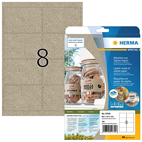 HERMA 10755 Adressetiketten aus Graspapier, 20 Blatt, 99,1 x 67,7 mm, 8 pro A4 Bogen, 160 Stück, selbstklebend, bedruckbar, matt, blanko Silphie-Papier Adressaufkleber Etiketten, natur-braun von HERMA