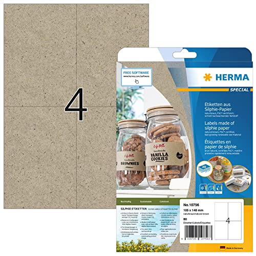 HERMA 10756 Universal Etiketten aus Graspapier, 20 Blatt, 105 x 148 mm, 4 pro A4 Bogen, 80 Stück, selbstklebend, bedruckbar, matt, blanko Silphie-Papier Klebeetiketten Aufkleber, natur-braun von HERMA