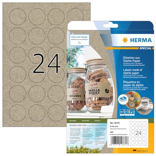 HERMA 10761 Universal Etiketten aus Graspapier rund, 20 Blatt, Ø 40 mm, 24 pro A4 Bogen, 480 Stück, selbstklebend, bedruckbar, matt, blanko Klebeetiketten aus Silphie-Papier, natur-braun von HERMA