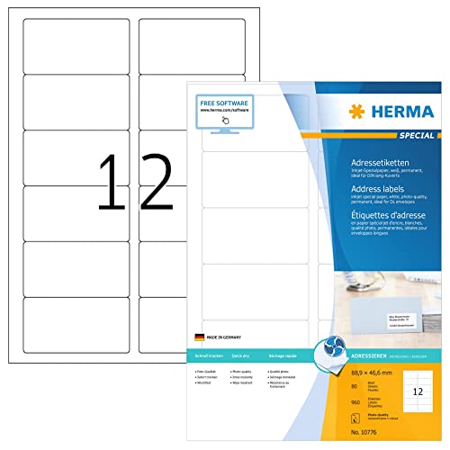 HERMA 10776 Adressetiketten für Inkjet Drucker, 80 Blatt, 88,9 x 46,6 mm, 12 pro A4 Bogen, 960 Stück, selbstklebend, bedruckbar, matt, blanko Adressaufkleber Etiketten für Tintenstrahldrucker, weiß von HERMA