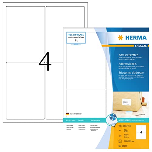 HERMA 10777 Adressetiketten für Inkjet Drucker, 80 Blatt, 96 x 139,7 mm, 4 pro A4 Bogen, 320 Stück, selbstklebend, bedruckbar, matt, blanko Adressaufkleber Etiketten für Tintenstrahldrucker, weiß von HERMA