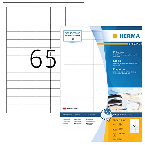 HERMA 10778 Universal Etiketten für Inkjet Drucker, 80 Blatt, 38,1 x 21,2 mm, 65 pro A4 Bogen, 5200 Stück, selbstklebend, bedruckbar, matt, blanko Klebeetiketten Aufkleber für Tintenstrahldrucker weiß von HERMA