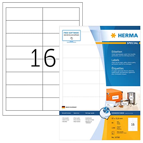 HERMA 10780 Adressetiketten für Inkjet Drucker, 80 Blatt, 97 x 33,8 mm, 16 pro A4 Bogen, 1280 Stück, selbstklebend, bedruckbar, matt, blanko Adressaufkleber Etiketten für Tintenstrahldrucker, weiß von HERMA