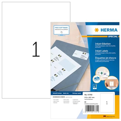 HERMA 10782 Universal Etiketten für Inkjet Drucker, 80 Blatt, 210 x 297 mm, 1 pro A4 Bogen, 80 Stück, selbstklebend, bedruckbar, matt, blanko Klebeetiketten Aufkleber für Tintenstrahldrucker, weiß von HERMA