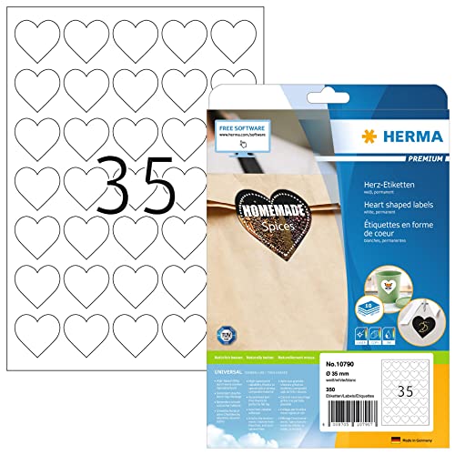 HERMA 10790 Herz Etiketten, 350 Stück, Ø 35 mm, 35 pro A4 Bogen, selbstklebend, bedruckbar, matt, blanko Papier Klebeetiketten Aufkleber in Herzform, weiß von HERMA