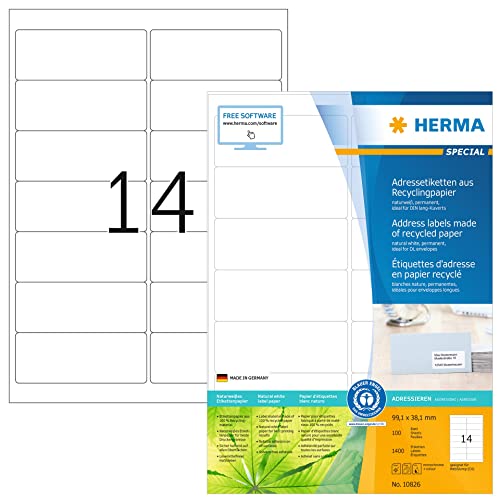 HERMA 10826 Recycling Etiketten, 100 Blatt, 99,1 x 38,1 mm, 14 pro A4 Bogen, 1400 Stück, selbstklebend, bedruckbar, matt, blanko Recycling-Papier Klebeetiketten Aufkleber, natur-weiß von HERMA