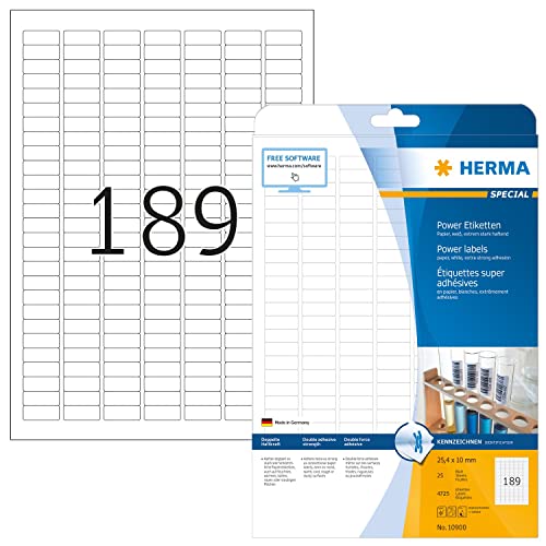 HERMA 10900 Power Etiketten, 800 Blatt, 25,4 x 10 mm, 189 pro A4 Bogen, 151200 Stück, selbstklebend, bedruckbar, extrem stark haftend, blanko Papier Klebeetiketten Aufkleber, weiß von HERMA