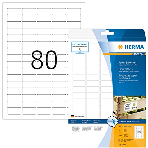 HERMA 10901 Power Etiketten, 800 Blatt, 35,6 x 16,9 mm, 80 pro A4 Bogen, 64000 Stück, selbstklebend, bedruckbar, extrem stark haftend, blanko Papier Klebeetiketten Aufkleber, weiß von HERMA