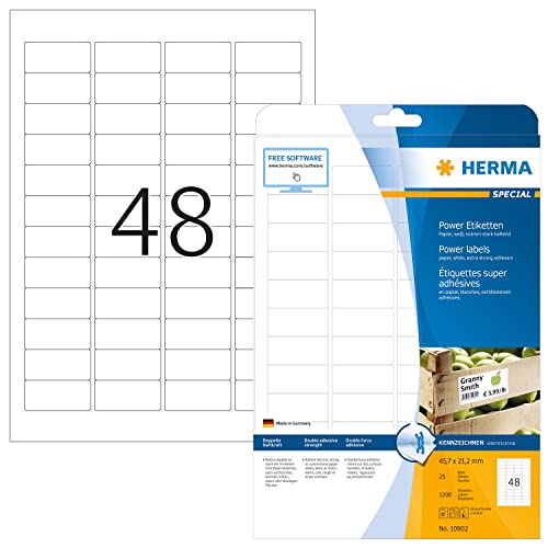 HERMA 10902 Power Etiketten, 25 Blatt, 45,7 x 21,2 mm, 48 pro A4 Bogen, 1200 Stück, selbstklebend, bedruckbar, extrem stark haftend, blanko Papier Klebeetiketten Aufkleber, weiß von HERMA