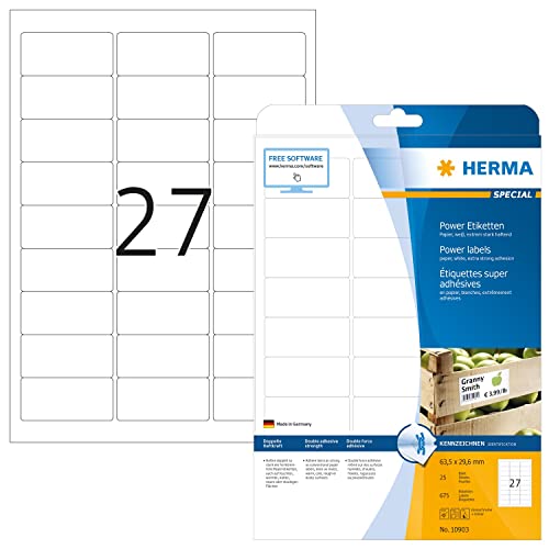 HERMA 10903 Power Etiketten, 800 Blatt, 63,5 x 29,6 mm, 27 pro A4 Bogen, 21600 Stück, selbstklebend, bedruckbar, extrem stark haftend, blanko Papier Klebeetiketten Aufkleber, weiß von HERMA