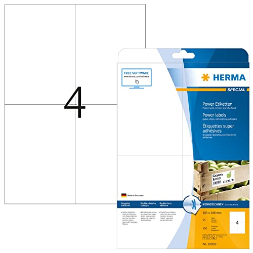 HERMA 10909 Power Etiketten, 25 Blatt, 105 x 148 mm, 4 pro A4 Bogen, 100 Stück, selbstklebend, bedruckbar, extrem stark haftend, blanko Papier Klebeetiketten Aufkleber, weiß von HERMA