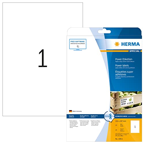 HERMA 10911 Power Etiketten, 800 Blatt, 210 x 297 mm, 1 pro A4 Bogen, 800 Stück, selbstklebend, bedruckbar, extrem stark haftend, blanko Papier Klebeetiketten Aufkleber, weiß von HERMA