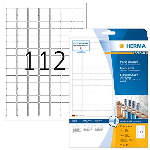 HERMA 10916 Power Etiketten, 800 Blatt, 25,4 x 16,9 mm, 112 pro A4 Bogen, 89600 Stück, selbstklebend, bedruckbar, extrem stark haftend, blanko Papier Klebeetiketten Aufkleber, weiß von HERMA