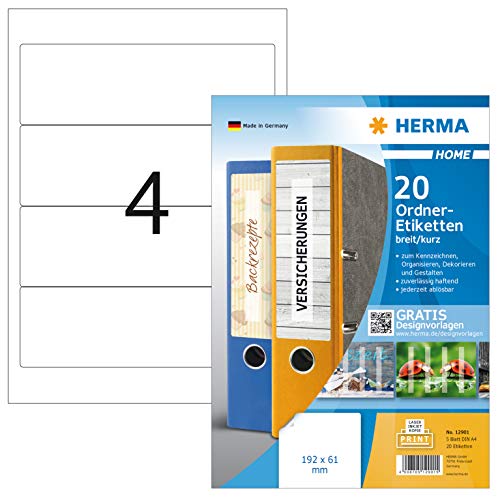 HERMA 12901 Ordnerrücken Etiketten ablösbar kurz breit, 20 Stück, 192 x 61 mm, 4 pro A4 Bogen, selbstklebend, bedruckbar, blickdicht, blanko Papier Ordneretiketten Rückenschilder Aufkleber, weiß von HERMA