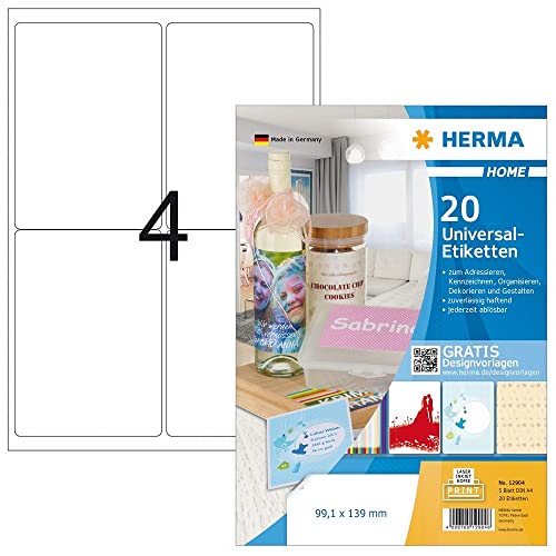 HERMA 12904 Haushalts-Etiketten DIN A4 ablösbar (99,1 x 139 mm, 5 Blatt, Papier, matt) selbstklebend, bedruckbar, abziehbare und wieder haftende Universal Aufkleber, 20 Klebeetiketten, weiß von HERMA