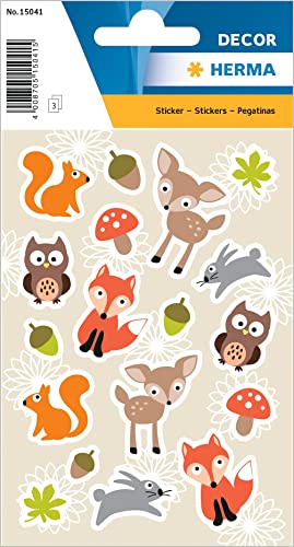 HERMA 15041 Aufkleber Waldtiere klein groß, 54 Stück, Tiere Sticker mit Reh Fuchs Eule Hase Eichhörnchen Motiv, Kinder Etiketten für Fotoalbum Tagebuch Scrapbooking Geburtstag Deko Briefe DIY Basteln von HERMA