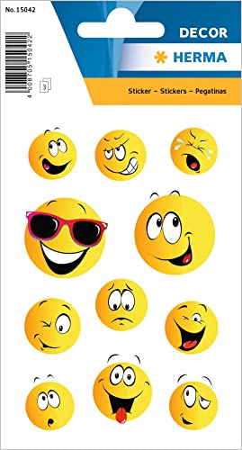 HERMA 15042 Aufkleber Smiley klein groß, 33 Stück, Belohnung Sticker mit lustigen Emoji Gesicht Motiv, Kinder Etiketten für Schule Grundschule Schüler Tagebuch Scrapbooking Geburtstag Deko DIY Basteln von HERMA