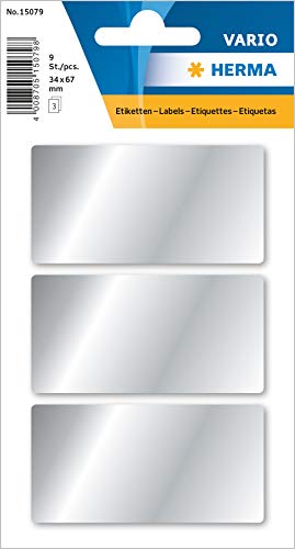 HERMA 15079 Vielzweck-Etiketten silber, 9 Stück, 34 x 67 mm, 3 pro Bogen, selbstklebend, Haushaltsetiketten zum Beschriften für Kalender Planer, glänzend, blanko Papier Klebeetiketten Aufkleber von HERMA