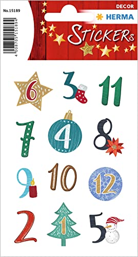 HERMA 15189 Aufkleber Zahlen 1-24 Glitzer, 24 Stück, Weihnachten Sticker mit Weihnachtskugel Sterne Motiv, Nummer Ziffer Klebezahlen Etiketten für Weihnachtsdeko Adventskalender Dekoration DIY Basteln von HERMA