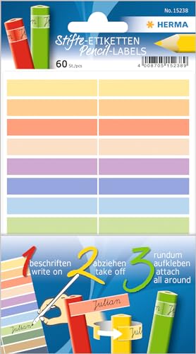 HERMA 15238 Stifte-Etiketten für Kinder, 600 Stück, 10 x 46 mm, selbstklebend, Namensaufkleber für Stifte Schule Kindergarten Lineale Federmäppchen, Schulaufkleber für Kinder Mädchen Jungen, bunt von HERMA